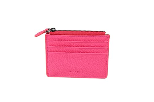 grande 3603 Genuine Leather Card Holder For Women and Men Slim Minimalist Small Zipper Wallet PINK - Image 1