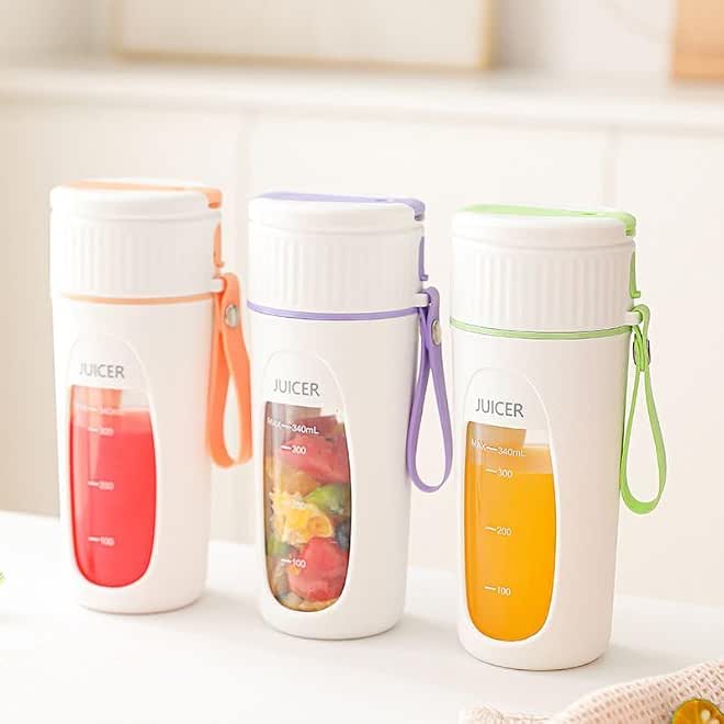 Powerful Portable USB Rechargeable Juicer Blender, 340ml Personal Size, White with Colored Accents, Travel Carry Strap, Electric Fruit Mixer