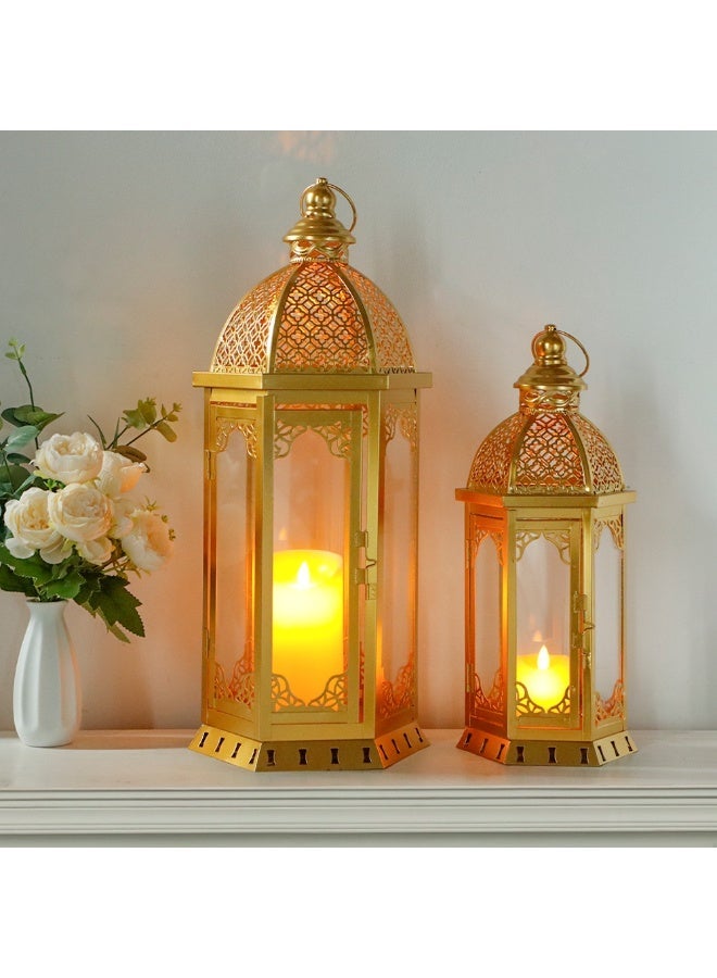 نيو إيمدج طقم فوانيس مغربية ذهبية عدد 2 – معدن وزجاج فاخر مع شموع LED مجانية – مثالي للديكور الداخلي والخارجي ولمناسبات رمضان - Image 1