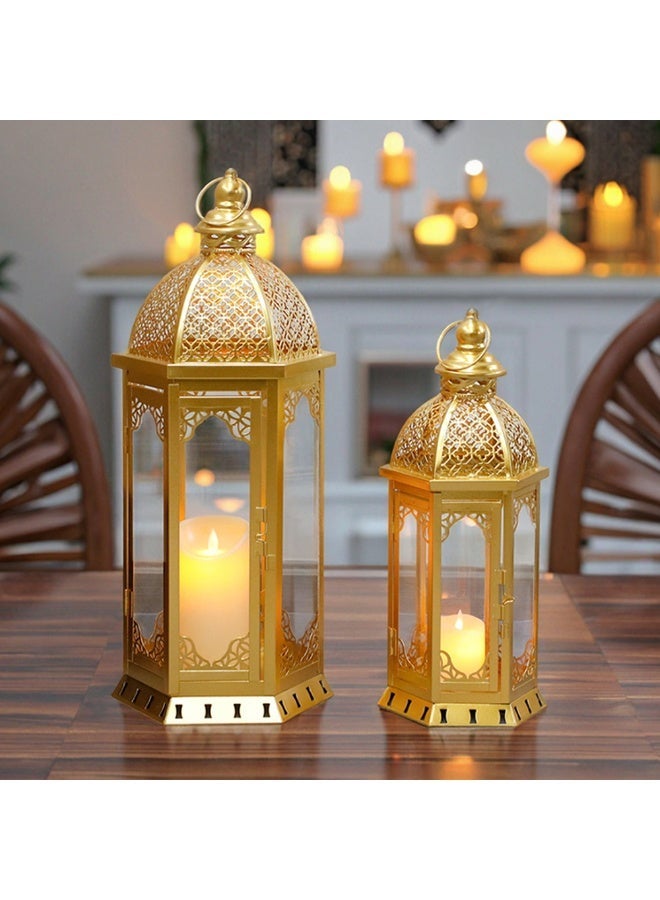نيو إيمدج طقم فوانيس مغربية ذهبية عدد 2 – معدن وزجاج فاخر مع شموع LED مجانية – مثالي للديكور الداخلي والخارجي ولمناسبات رمضان - Image 3