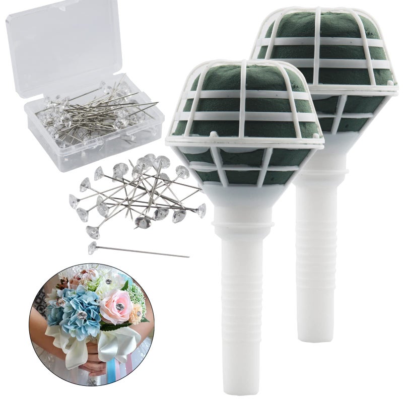Arlai 2pcs 7.1" Bridal Bouquet Stand Wedding Bridal Bouquet Holder Foam Flower Handles (Green+White), with 50pcs Bouquet Pin Brooch Flower Pin Teardrop Pearl Head Pin for Bride Artificial Flower - Image 1