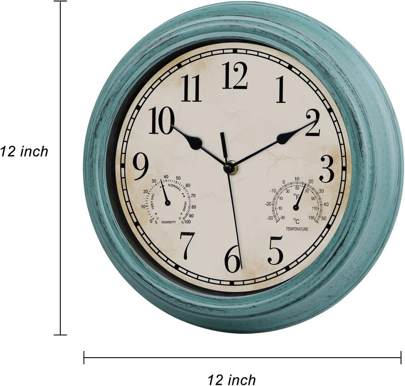 LOTCAIN 12 Inch Indoor Outdoor Retro Waterproof Wall Clock with Thermometer and Hygrometer, Battery Operated Quartz Round Wall Clock Silent Non Ticking Home Decor,Green - Image 5