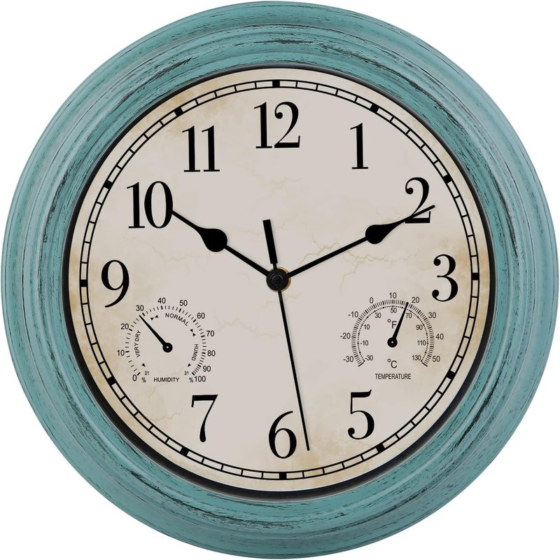 LOTCAIN 12 Inch Indoor Outdoor Retro Waterproof Wall Clock with Thermometer and Hygrometer, Battery Operated Quartz Round Wall Clock Silent Non Ticking Home Decor,Green - Image 1