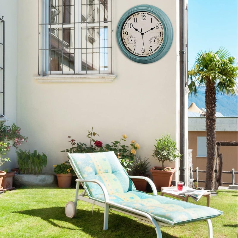 LOTCAIN 12 Inch Indoor Outdoor Retro Waterproof Wall Clock with Thermometer and Hygrometer, Battery Operated Quartz Round Wall Clock Silent Non Ticking Home Decor,Green - Image 4