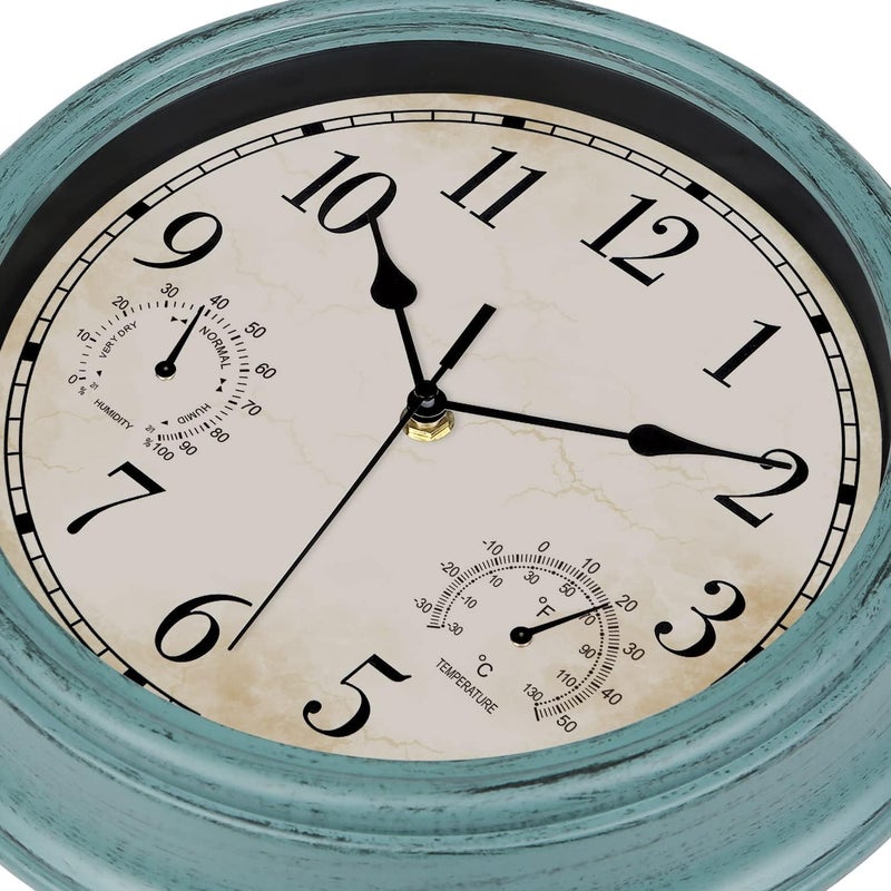 LOTCAIN 12 Inch Indoor Outdoor Retro Waterproof Wall Clock with Thermometer and Hygrometer, Battery Operated Quartz Round Wall Clock Silent Non Ticking Home Decor,Green - Image 3