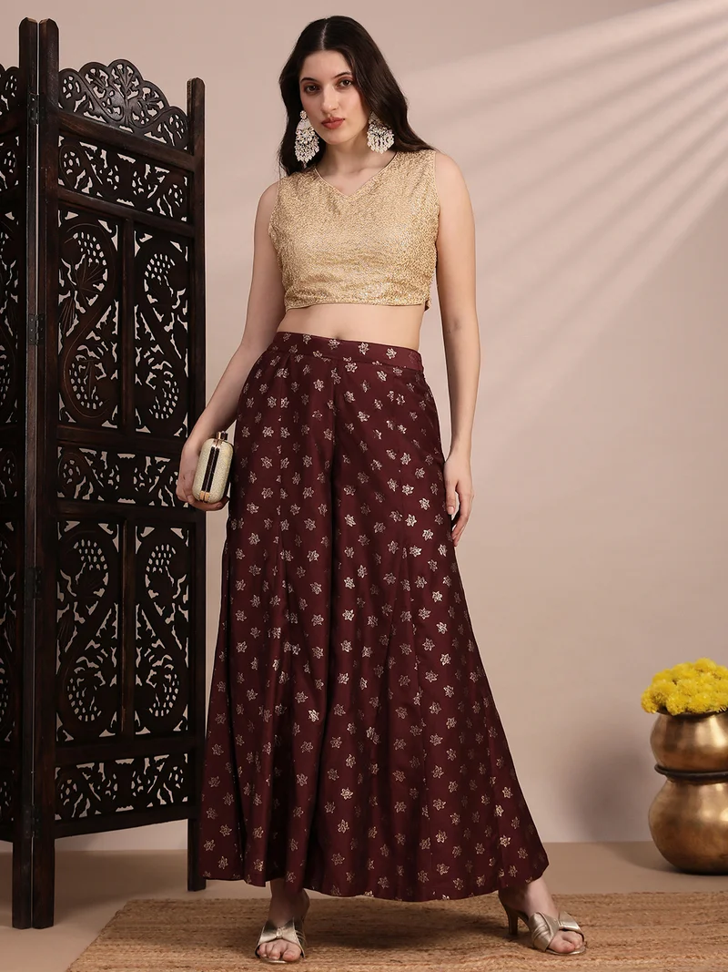 جلو باص جلوبس نسائي بالازو كالي واسع مطبوع بزخارف زهور بني بخصر متوسط