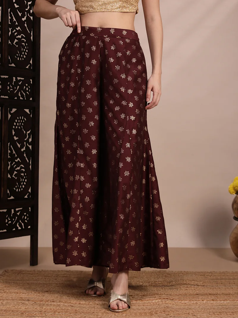 جلو باص جلوبس نسائي بالازو كالي واسع مطبوع بزخارف زهور بني بخصر متوسط