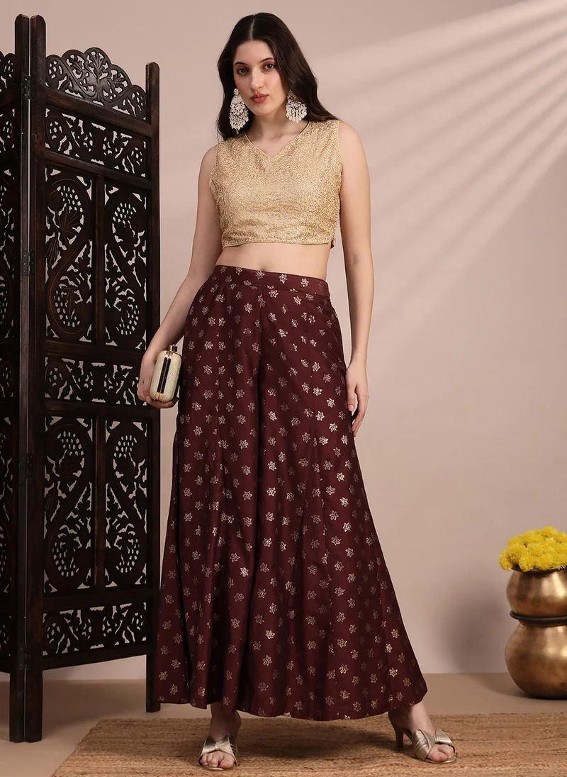 globus Globus Women Brown Floral Foil Printed Mid Rise Flared Festive Kali Palazzos