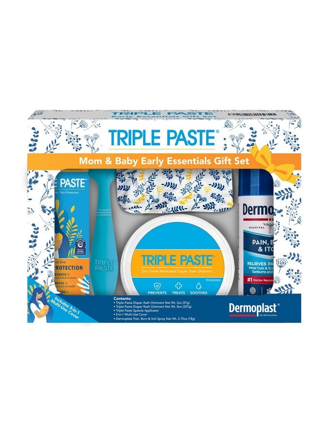 Triple Paste - Mom & Baby Early Essentials Gift Set With 5 Items - Diaper Rash Ointment 8Oz Jar & 2Oz Tube, Spatula Applicator, Dermoplast Spray, And Multi-Use Cover - Baby Shower Gifts For New Mom - Image 1