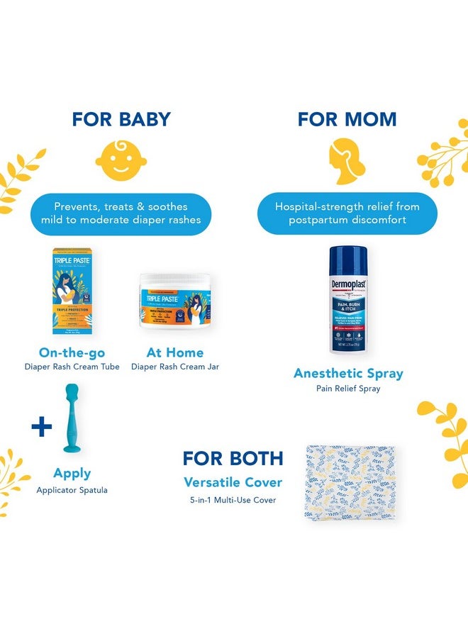 Triple Paste - Mom & Baby Early Essentials Gift Set With 5 Items - Diaper Rash Ointment 8Oz Jar & 2Oz Tube, Spatula Applicator, Dermoplast Spray, And Multi-Use Cover - Baby Shower Gifts For New Mom - Image 1