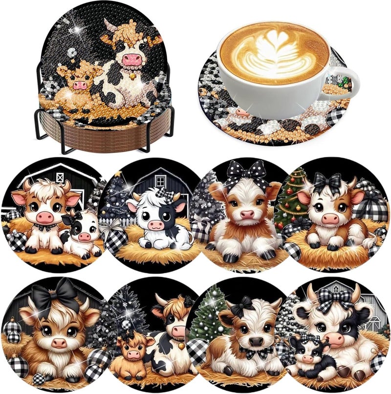 croshom 8 PCS Cow Diamond Art Coasters Diamond Painting Coasters Kits with Holder Highland Cow DIY Coasters for Beginners, Adults, Diamond Art Crafts Supplies Cow - Image 1