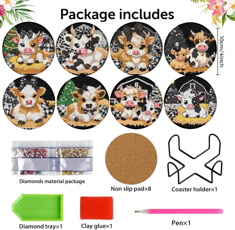 croshom 8 PCS Cow Diamond Art Coasters Diamond Painting Coasters Kits with Holder Highland Cow DIY Coasters for Beginners, Adults, Diamond Art Crafts Supplies Cow - Image 2