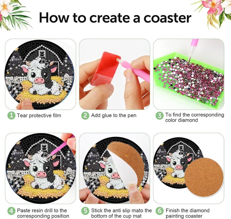 croshom 8 PCS Cow Diamond Art Coasters Diamond Painting Coasters Kits with Holder Highland Cow DIY Coasters for Beginners, Adults, Diamond Art Crafts Supplies Cow - Image 3