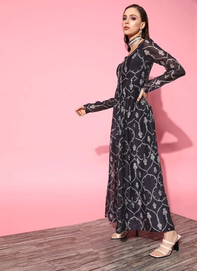 SASSAFRAS Navy Blue Ethnic Motifs Maxi Dress for Women