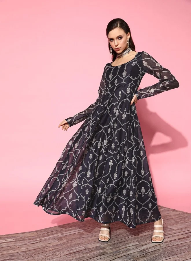 SASSAFRAS Navy Blue Ethnic Motifs Maxi Dress for Women