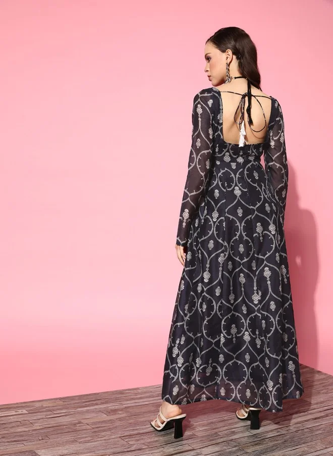 SASSAFRAS Navy Blue Ethnic Motifs Maxi Dress for Women