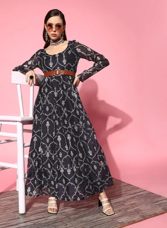SASSAFRAS Navy Blue Ethnic Motifs Maxi Dress for Women