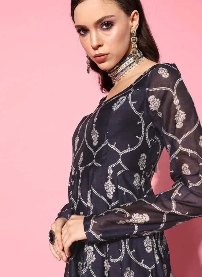 SASSAFRAS Navy Blue Ethnic Motifs Maxi Dress for Women