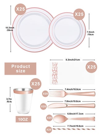 200PCS مجموعة أدوات المائدة الذهبية ل 25 ضيف، لوحات بلاستيكية للحزب، 25 لوحة الذهب للتخلص من المواد، 25 لوحة الحلوى، 25 السكاكين، 25 ملعقة، 25 شوكة، 25 كوب، 25 قشّة و 25 مناديل - view 2