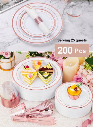 200PCS مجموعة أدوات المائدة الذهبية ل 25 ضيف، لوحات بلاستيكية للحزب، 25 لوحة الذهب للتخلص من المواد، 25 لوحة الحلوى، 25 السكاكين، 25 ملعقة، 25 شوكة، 25 كوب، 25 قشّة و 25 مناديل - view 4