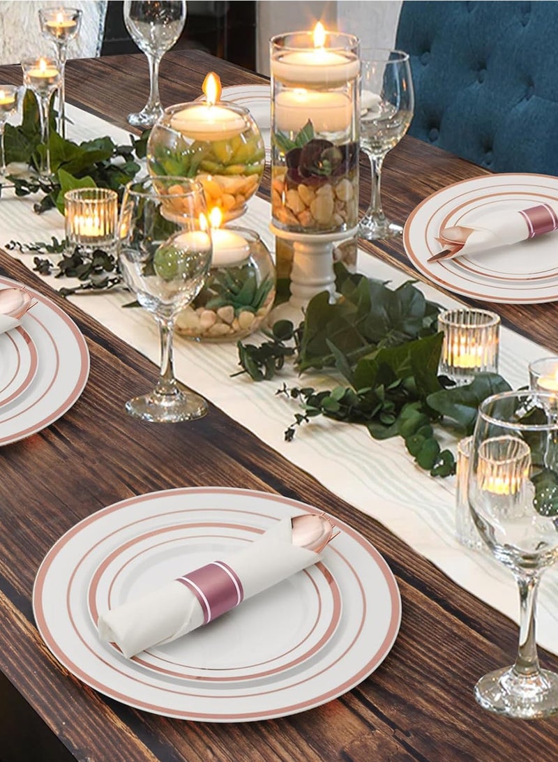 HomarKet 200 Pcs Plastic Plates Disposable Party Tableware Set 25 Guest Disposable Spoon Forks Knives Cutlery Cups Napkin Straw Dinnerware Wedding,Birthday Parties,Rose Gold Rim - Image 3
