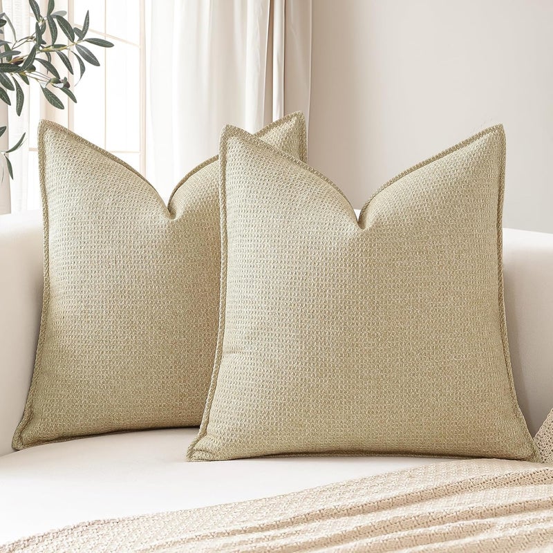 Sungeek Set of 2 Soft 3D Plaid Cushion Covers, Decorative Cushion Covers, Wrapped Edge Cushion Cover, Decorative Cushion Cover for Sofa, Couch, Bedroom, Living Room (Light Khaki, 50 x 50 cm) - Image 1