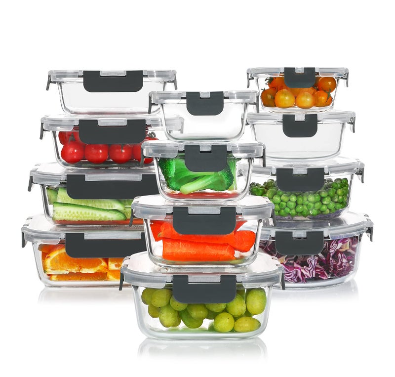 KOMUEE 24 Pieces Glass Food Storage Containers Set Glass Meal Prep Set with Lids-Stackable Airtight lids BPA Free Freezer to Oven Safe Gray