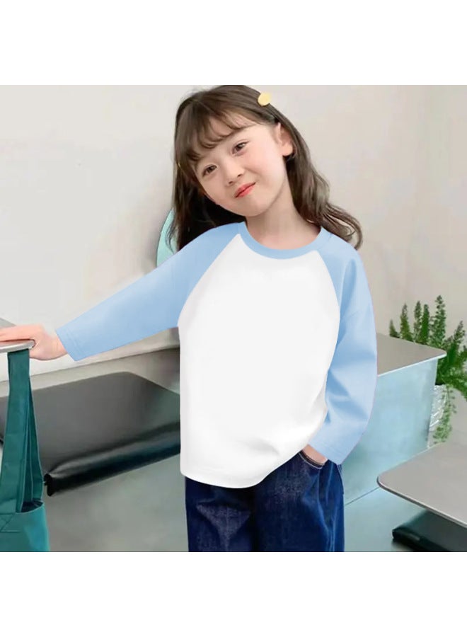 Girls' Slim-fit Base Shirt, New Spring And Autumn Style, Curved Hem, Pure Cotton, Long-sleeve, Versatile Color-blocking, Round Neck T-shirt For Older Children