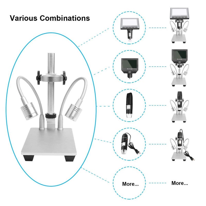 Jiusion Updated with 2 Lamps Aluminum Alloy Universal Adjustable Professional Base Stand Holder Desktop Support Bracket for Max 1.4" in Diameter USB Digital Microscope Endoscope Magnifier Loupe Camera - Image 4