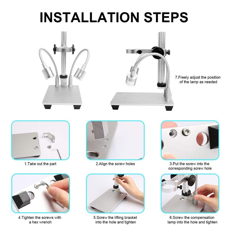 Jiusion Updated with 2 Lamps Aluminum Alloy Universal Adjustable Professional Base Stand Holder Desktop Support Bracket for Max 1.4" in Diameter USB Digital Microscope Endoscope Magnifier Loupe Camera - Image 5