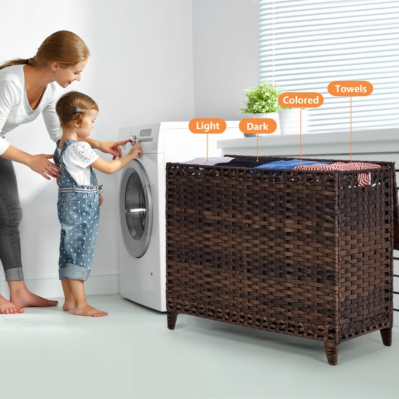 Hermina Laundry Hamper with 4 Removable Liner Bags; 176L Handwoven Rattan Laundry Basket with Lid & Heightened Feet; Clothes Hamper with Side Handles (Brown) - Image 2