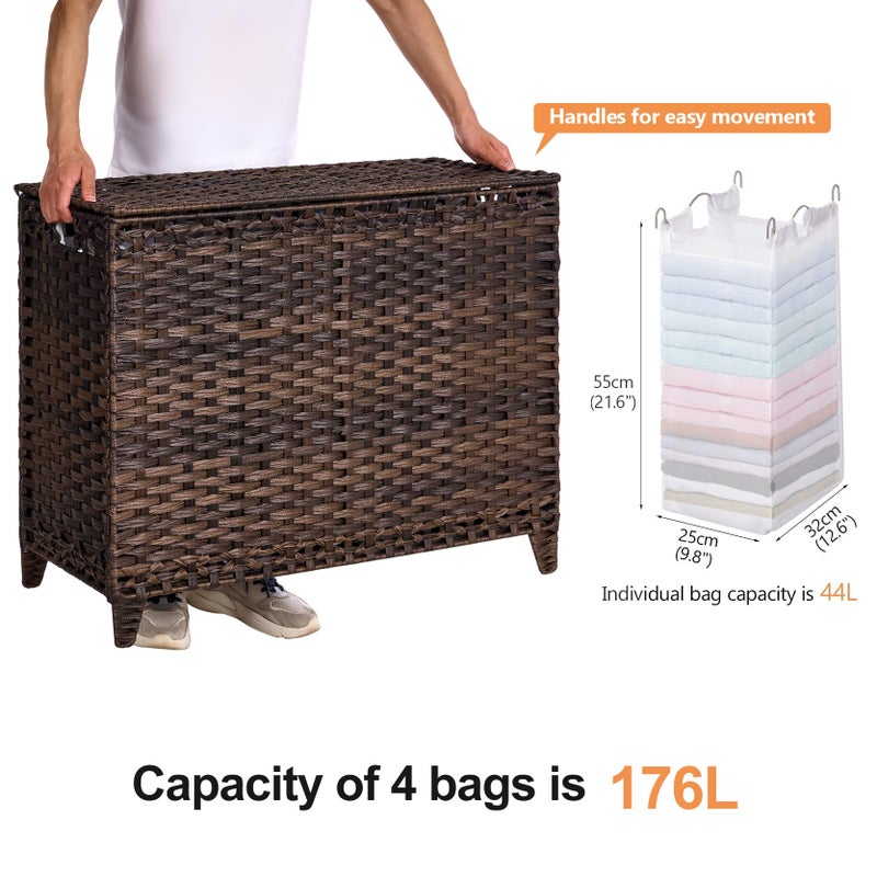 Hermina Laundry Hamper with 4 Removable Liner Bags; 176L Handwoven Rattan Laundry Basket with Lid & Heightened Feet; Clothes Hamper with Side Handles (Brown) - Image 4