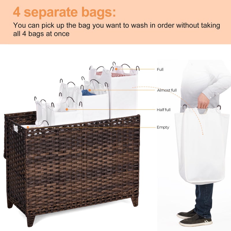 Hermina Laundry Hamper with 4 Removable Liner Bags; 176L Handwoven Rattan Laundry Basket with Lid & Heightened Feet; Clothes Hamper with Side Handles (Brown) - Image 3