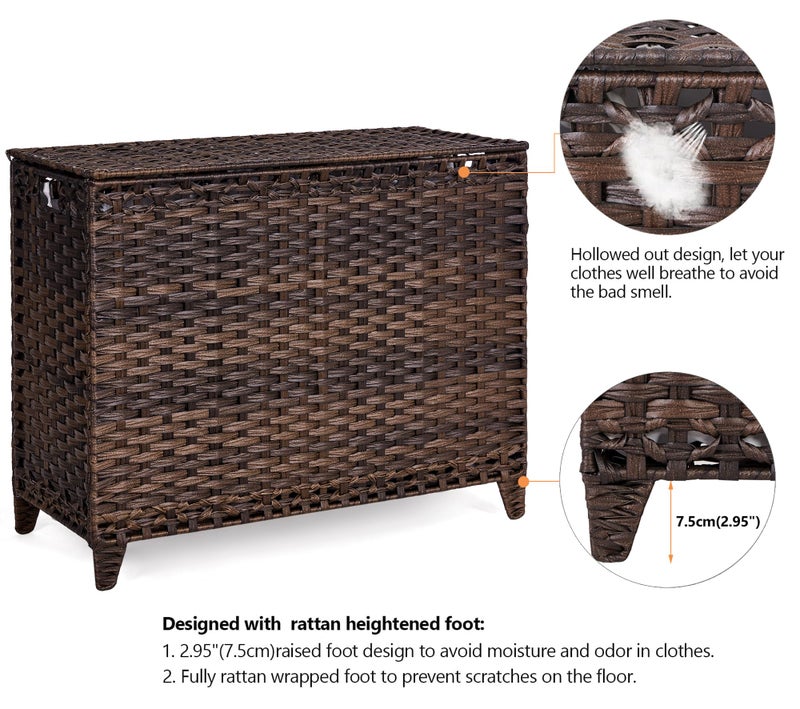 Hermina Laundry Hamper with 4 Removable Liner Bags; 176L Handwoven Rattan Laundry Basket with Lid & Heightened Feet; Clothes Hamper with Side Handles (Brown) - Image 5