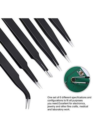 6 PCS Precision Tweezers Set, Upgraded Anti-Static Stainless Steel Curved of Tweezers, for Electronics, Laboratory Work, Jewelry-Making, Craft, Soldering, make up (Black) - view 5