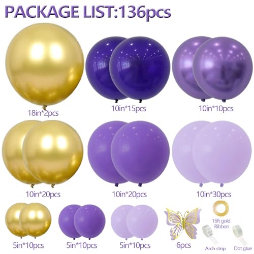 DCJHFJ Purple Balloon Garland Kit With Butterfly Decorations For Birthday Dark Purple and Gold Arch Lavender Light Decoration for Baby Girl Princess Party Birthday - Image 5
