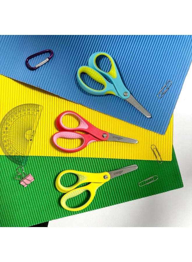 LIVINGO Left Handed Kids Scissors: Blunt Tip Safety Lefty Toddler Child Scissors for School Craft Cutting Paper - 3 Pack 5 inches Comfort Grip Green, Rose Pink, Blue - Image 5
