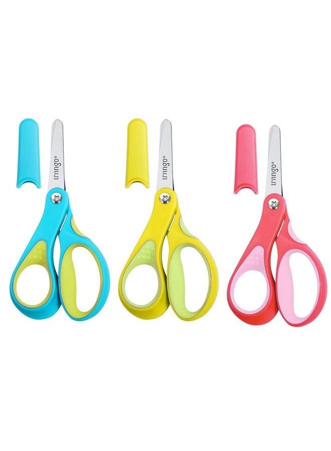 LIVINGO Left Handed Kids Scissors: Blunt Tip Safety Lefty Toddler Child Scissors for School Craft Cutting Paper - 3 Pack 5 inches Comfort Grip Green, Rose Pink, Blue - Image 1
