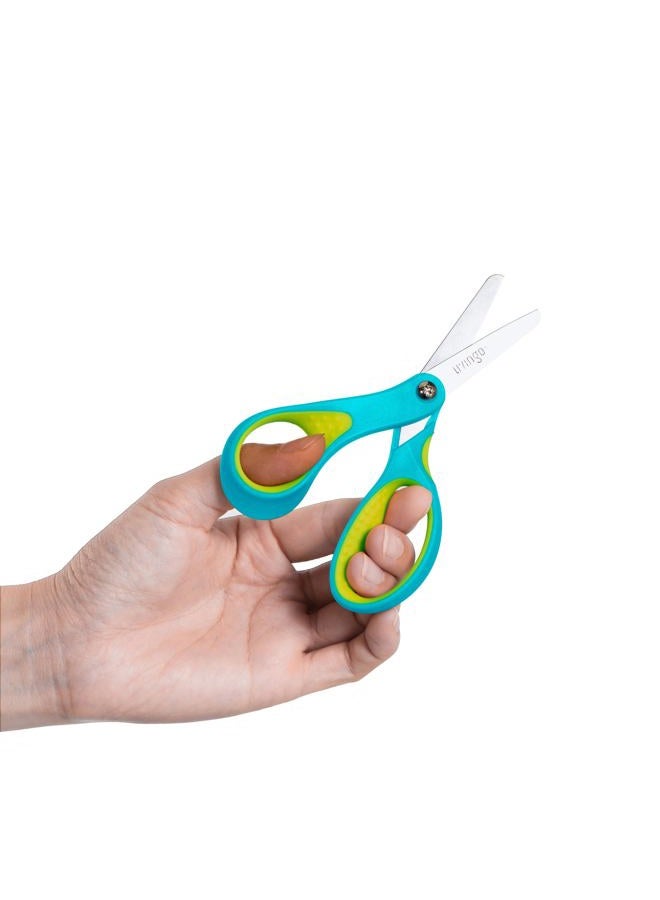 LIVINGO Left Handed Kids Scissors: Blunt Tip Safety Lefty Toddler Child Scissors for School Craft Cutting Paper - 3 Pack 5 inches Comfort Grip Green, Rose Pink, Blue - Image 3