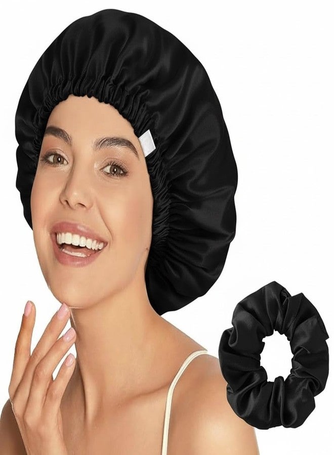 Craftelio Double Layer Satin Bonnet for Sleeping Women & Men | Adjustable Silk Hair Cap for Curly, Natural & Braided Hair | Soft Sleep & Shower Cap | Frizz-Free Night Bonnet Gift Set (Black) - Image 1