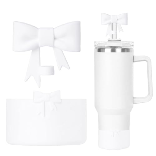 Lnulyaciy Bow Silicone Protective for Stanley Boot for 20/30/40Oz, Bow Straw Cover Topper for Stanley Cup 10mm/0.4in, 2 Pack Cup Accessories Compatible 12-24Oz for Hydroflask Boot and More (White Set) - Image 1