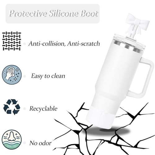 Lnulyaciy Bow Silicone Protective for Stanley Boot for 20/30/40Oz, Bow Straw Cover Topper for Stanley Cup 10mm/0.4in, 2 Pack Cup Accessories Compatible 12-24Oz for Hydroflask Boot and More (White Set) - Image 3