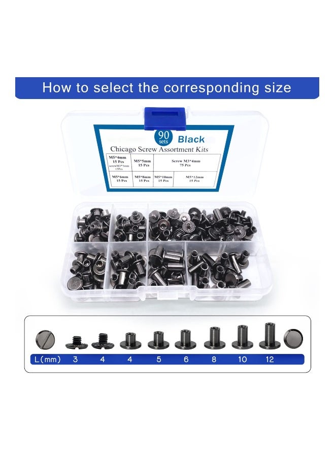 Generic - 90 Sets Screws Assorted Kit, 6 Sizes of Round Flat Head Leather Rivets Metal Screw Studs for DIY Leather Craft and Bookbinding (M5 X 4, 5, 6, 8, 10, 12) (Black) - Image 1