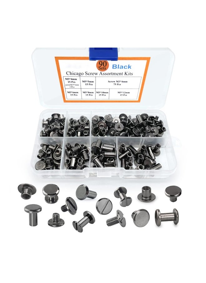 Generic - 90 Sets Screws Assorted Kit, 6 Sizes of Round Flat Head Leather Rivets Metal Screw Studs for DIY Leather Craft and Bookbinding (M5 X 4, 5, 6, 8, 10, 12) (Black) - Image 1