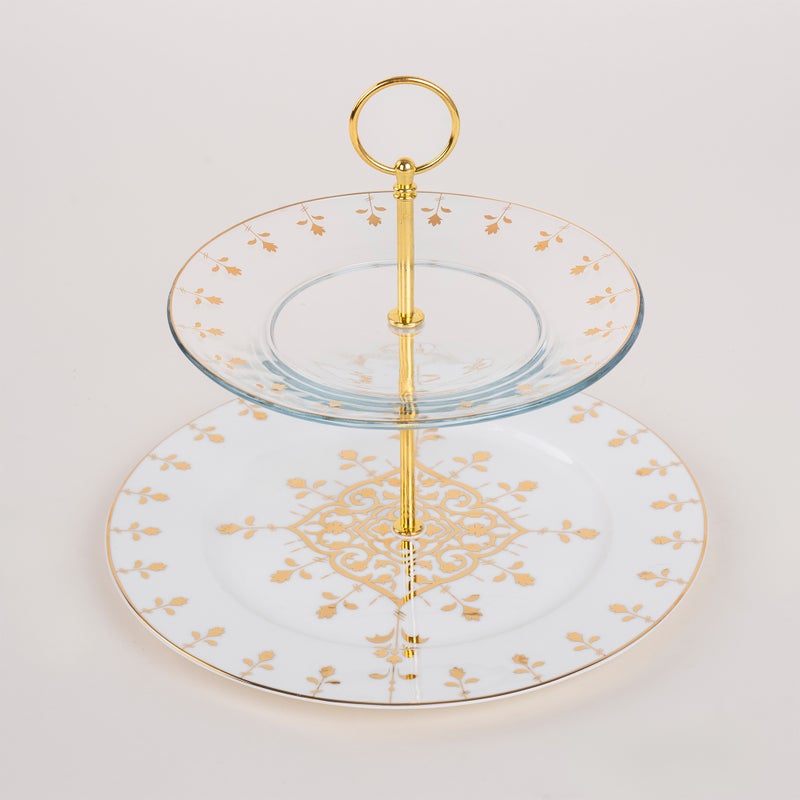 لا ميسا حامل الكيك بدورين مصنوع من البورسلان والزجاج من لا ميسا باللون الذهبي - Image 1