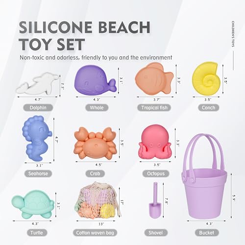 MarcZero 11Pcs Silicone Beach ToysModern Baby Beach ToysTravel Friendly Beach SetEco Friendly ToySilicone Bucket Shovel 8 Sand Molds Beach BagSilicone Sand Toys for Toddlers Kids Purple - Image 5