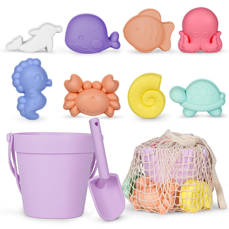 MarcZero 11Pcs Silicone Beach ToysModern Baby Beach ToysTravel Friendly Beach SetEco Friendly ToySilicone Bucket Shovel 8 Sand Molds Beach BagSilicone Sand Toys for Toddlers Kids Purple - Image 3