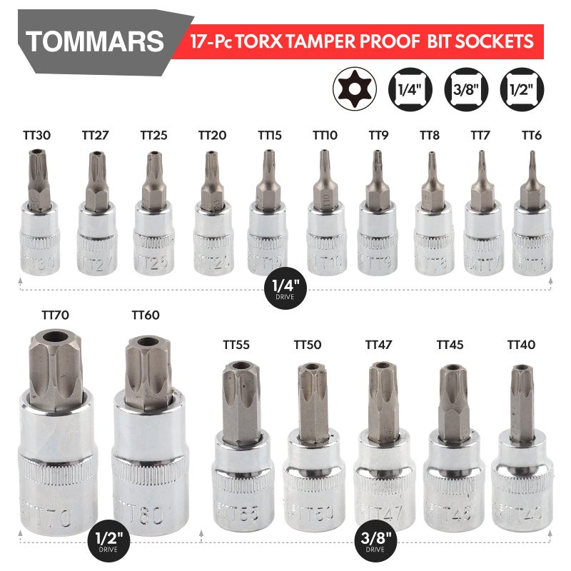 Tommars 60-Pc Master Torx Bit Socket And External Socket Set 1/4""  3/8""  1/2"" Drive  S2 Steel Bits  Crv Sockets E4-E24  T6-T70 Tt6-Tt70 Tp8-Tp60 - Image 4