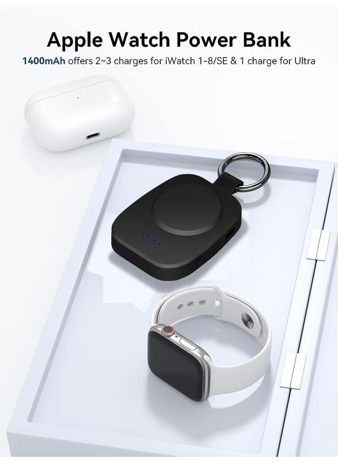 Bluejw Portable Charger for Apple Watch, Wireless Fast Charging iWatch Charger 1400mAh Power Bank Travel Keychain Accessories Charger for Apple Watch Series 9/8/7/6/5/4/3/2/SE/Ultra, Black - Image 3