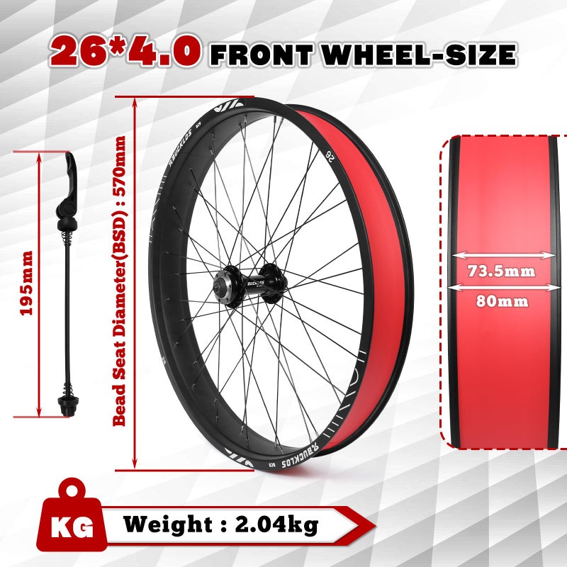 BUCKLOS 26 x 4.0 Inch Fat Tire Bike Wheel Front Mountain Bicycle Rim 135mm Hub 9mm Quick Release Wheelset Aluminum Alloy Disc Brake 36 14G Spoke for MTB Ebike Beach Snow Cruiser - Image 5